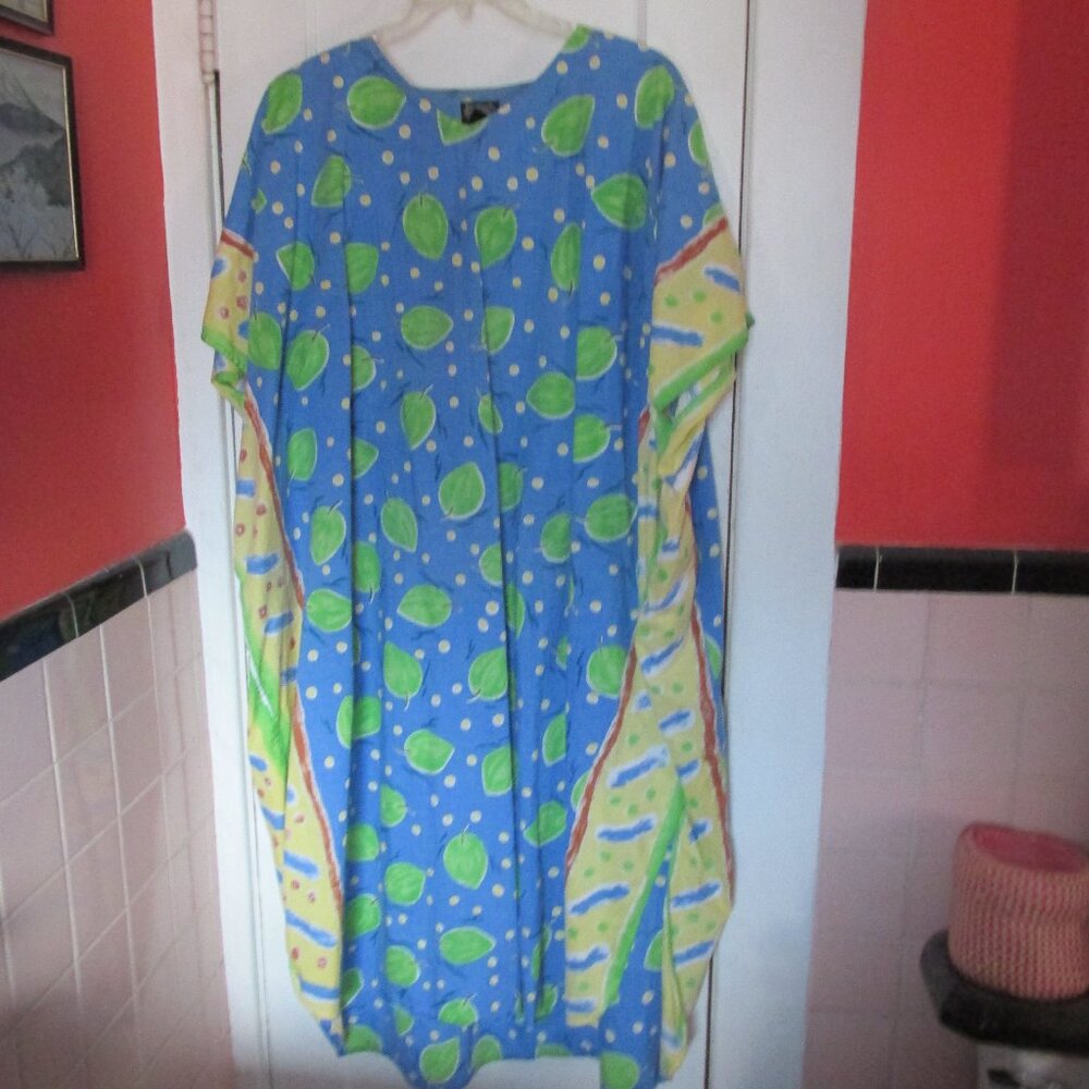 VTGE J Peterman Cotton Caftan Dress Leaf Stripe Dot Pockets Blue Green Yellow OS